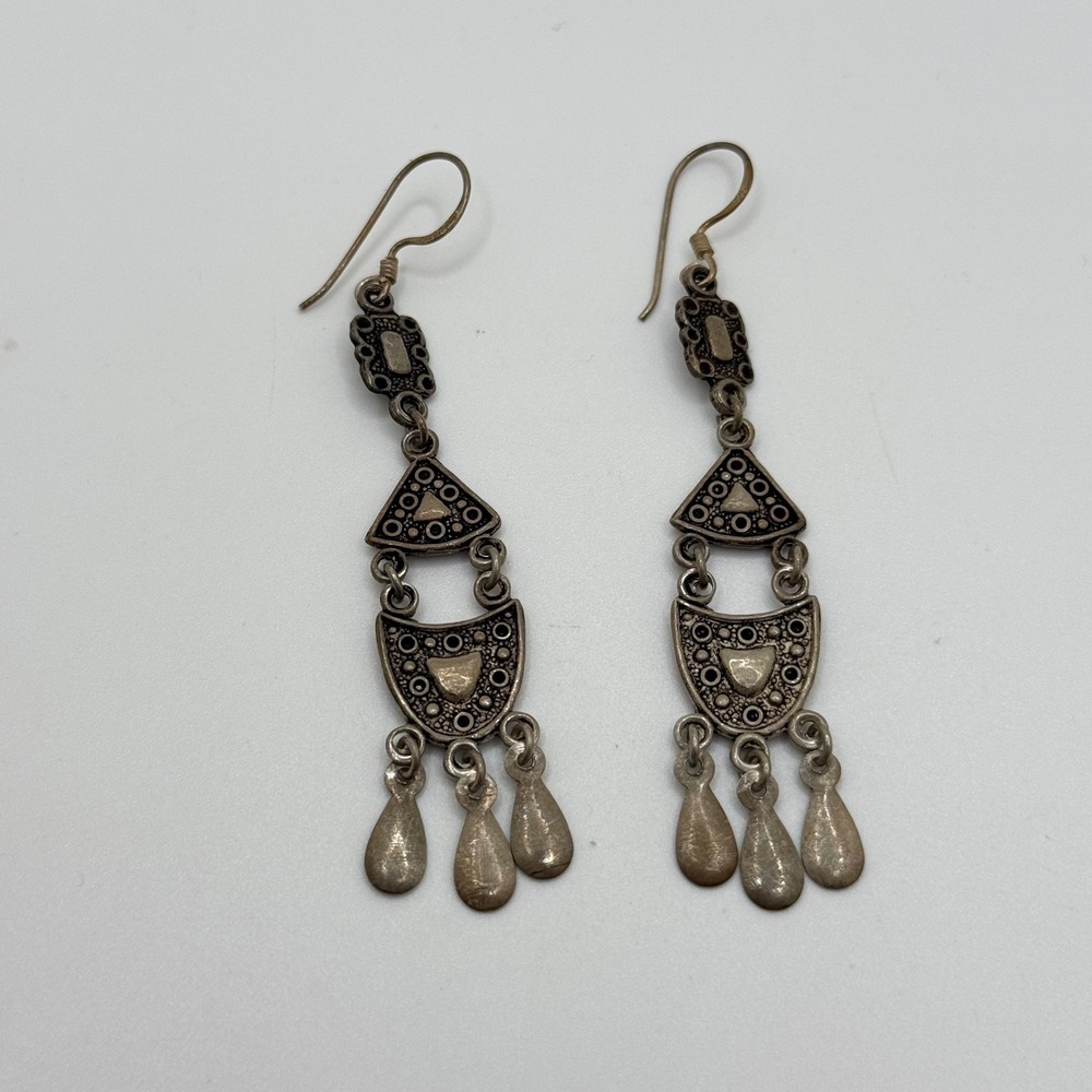 Silver Tone Boho Chandelier Drop Earrings Geometric Teardrop Dangle